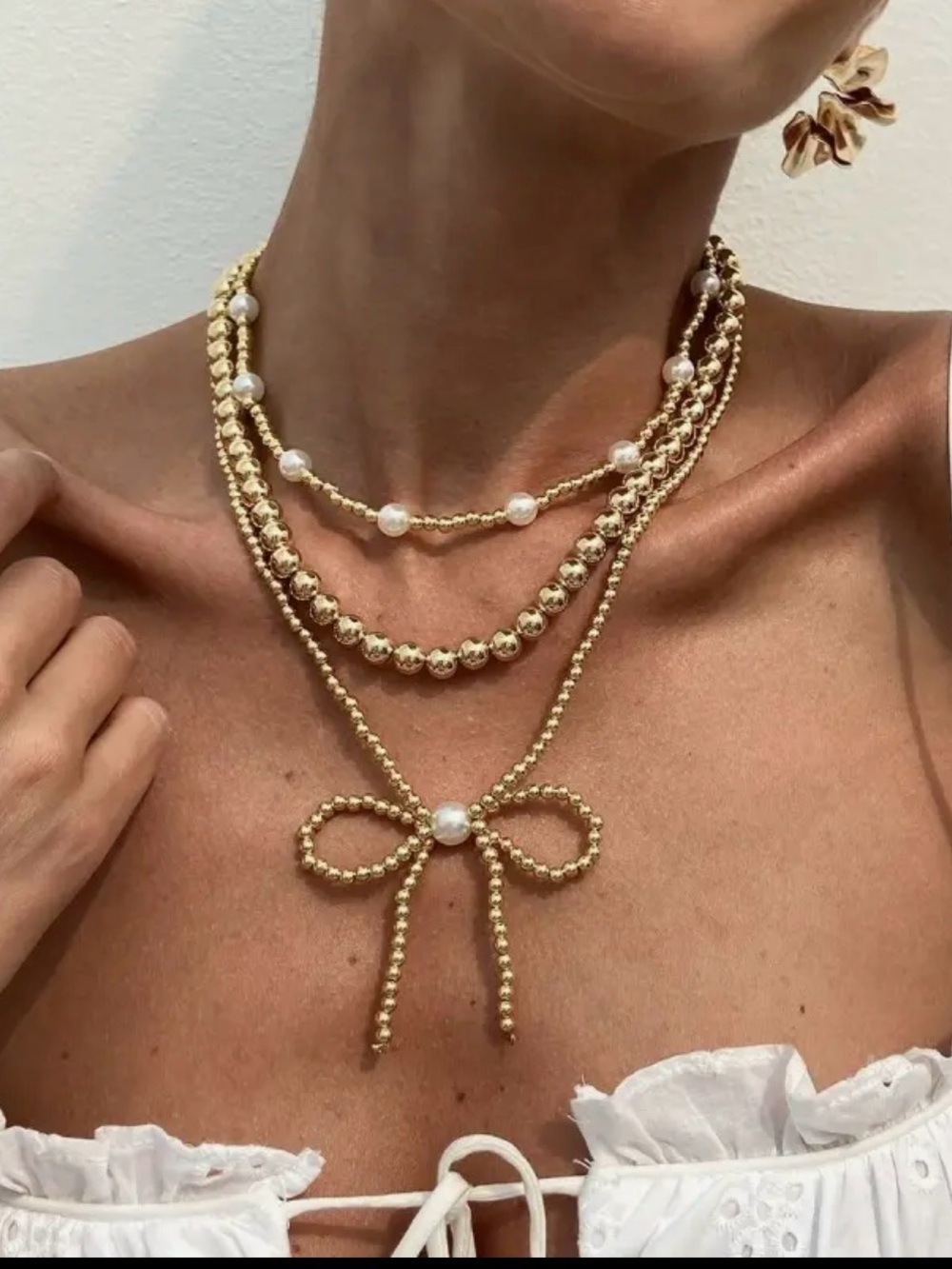 Gold Multilayer Bead Pearl Bow Necklace (3320) - Picture 3 of 4